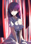  1girl bangs between_legs black_ribbon breasts collarbone collared_dress commentary_request dress fate/stay_night fate_(series) hair_ribbon hand_between_legs heaven&#039;s_feel highres long_hair looking_away looking_down looking_to_the_side matou_sakura medium_breasts open_mouth pale_skin pink_ribbon purple_eyes purple_hair ribbon shaded_face shinkami_hiroki short_sleeves sitting solo white_dress 