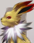  2016 ambiguous_gender big_ears black_nose bust_portrait digital_media_(artwork) eeveelution fan_character feral flux_the_jolteon fur grey_background head_tuft hi_res jolteon long_ears looking_at_viewer multicolored_fur neck_tuft nintendo orange_fur pok&eacute;mon portrait red_eyes red_fur side_view signature simple_background solo tartii tuft video_games white_fur yellow_fur 