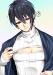  ? blue_eyes blue_hair cleavage_cutout closed_mouth commentary gradient gradient_background hair_between_eyes hiyou_(prince_heart) japanese_clothes lips looking_down male_focus meme_attire mikazuki_munechika open-chest_sweater pectorals ribbed_sweater solo spoken_question_mark sweater touken_ranbu turtleneck upper_body 
