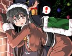  /\/\/\ 1girl antlers bell black_gloves black_hair blush breasts brown_eyes chikuma_(kantai_collection) fireplace gloves hairband hanging_breasts jingle_bell kantai_collection large_breasts leaning_forward long_hair machinery open_mouth smile solo spoken_exclamation_mark tsuzuri_(tuzuri) 