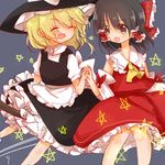  :d :o ^_^ apron black_hair blush bow broom broom_riding brown_eyes closed_eyes couple hair_bow hakurei_reimu hat interlocked_fingers kirisame_marisa kosencha large_bow multiple_girls multiple_riders open_mouth short_hair side-by-side skirt skirt_set smile star touhou turtleneck v-shaped_eyebrows vest waist_apron witch_hat yuri 