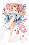  2016 :d bag barefoot bed_sheet blonde_hair blue_dress blush breasts brown_eyes candy choker cleavage cookie cupcake dress food futaba_anzu glass_slipper hair_ornament high_heels idolmaster idolmaster_cinderella_girls jin_young-in lollipop long_hair looking_at_viewer low_twintails lying macaron no_socks on_back open_mouth pie pillow shoes single_shoe small_breasts smile solo strapless strapless_dress stuffed_animal stuffed_bunny stuffed_toy text_focus twintails 