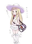  10s 1girl bag bangs blonde_hair blush child dress e10 flat_chest full_body hat lillie_(pokemon) long_hair looking_at_viewer nintendo open_mouth pokemon pokemon_(game) pokemon_sm simple_background standing sun_hat text translation_request twin_braids white_background white_dress yellow_eyes 