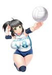  ball black_hair breasts buruma commentary_request green_eyes gym_uniform impossible_clothes large_breasts meisuke_mei open_mouth original ponytail short_hair shorts sleeveless solo sportswear volleyball volleyball_uniform 