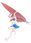  :d ahoge anklet antenna_hair arms_up barefoot blue_eyes blue_skirt eyebrows_visible_through_hair feet flip_flappers from_below from_side full_body hair_between_eyes highres holding hover_board jewelry leg_up long_hair navel neckerchief open_mouth orange_hair papika_(flip_flappers) pleated_skirt red_neckwear school_uniform serafuku short_sleeves simple_background skirt smile soles solo supernew toes v-shaped_eyebrows white_background 