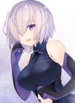  bare_shoulders breasts elbow_gloves fate/grand_order fate_(series) gloves gradient gradient_background hair_over_one_eye large_breasts mash_kyrielight navel navel_cutout purple_eyes purple_gloves purple_hair sakuraminto short_hair smile solo 