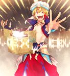 :d arabian_clothes blonde_hair cuneiform fate/grand_order fate_(series) gilgamesh gilgamesh_(caster)_(fate) harem_pants highres male_focus open_mouth pants ponita red_eyes runes smile solo stone_tablet turban v-shaped_eyebrows wall 