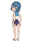  10s 1girl :o ass bangs blue_eyes blue_hair blunt_bangs blush e10 from_behind full_body hairband looking_at_viewer looking_back nintendo one-piece_swimsuit open_mouth pokemon pokemon_(game) pokemon_sm sleeveless solo suiren_(pokemon) swimsuit swimsuit_under_clothes 