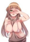  1girl bangs bikini blush breasts brown_hair eyebrows_visible_through_hair girls_frontline green_eyes hair_between_eyes hair_ribbon hair_rings halter_top halterneck hand_up highres large_breasts long_hair looking_at_viewer m1903_springfield_(girls_frontline) meme_attire nipples one_breast_out open_mouth ribbon sidelocks simple_background skindentation smile solo spicy_moo swimsuit virgin_killer_sweater white_background white_bikini 