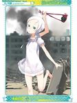  1girl bottomless city explosive green_eyes grenade kino_no_tabi kuroboshi_kouhaku looking_at_viewer panties rubble ruins short_hair sling smoke solo sundress tea_(kino_no_tabi) white_hair 