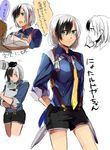  aqua_eyes breasts brown_hair cat coat genderswap gloves grey_hair julius_will_kresnik ludger_will_kresnik lulu_(tales) multicolored_hair necktie open_mouth short_hair short_shorts shorts sword tales_of_(series) tales_of_xillia_2 weapon 