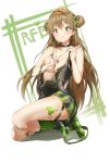  1girl :q ahoge asymmetrical_legwear bangs bare_shoulders blush bow breasts brown_hair character_name choker collarbone covering covering_breasts dog_tags double_bun dress eyebrows_visible_through_hair full_body girls_frontline green_bow green_eyes green_legwear hair_between_eyes hair_bow heart highres horizontal_stripes jewelry long_hair looking_at_viewer medium_breasts necklace paint_splatter partially_undressed pixel_(yuxian) rfb_(girls_frontline) sidelocks skindentation smile solo striped striped_legwear thigh_strap tongue tongue_out vertical-striped_legwear vertical_stripes zipper 