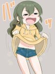  :d a-king blush commentary drooling drunk fang green_eyes green_hair hood hoodie igarashi_futaba_(shiromanta) lifted_by_self long_hair open_mouth parody senpai_ga_uzai_kouhai_no_hanashi short_shorts shorts simple_background smile ueno-san_wa_bukiyou v-shaped_eyebrows 