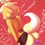  2016 ambiguous_penetration animal_crossing bottomless butt canine clothed clothing dialogue female isabelle_(animal_crossing) lumineko mammal masturbation nintendo penetration raised_tail sex_toy text vibrator video_games 