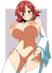  ass_visible_through_thighs bad_id bad_pixiv_id blush breasts cleavage detached_sleeves highres huge_breasts inverted_nipples izetta looking_at_viewer naruse_mai navel nipples pussy red_eyes red_hair shuumatsu_no_izetta smile solo thighhighs white_legwear 