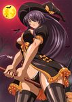  1girl breasts dark_skin female hat ikkitousen kan&#039;u_unchou large_breasts long_hair night purple_hair shiny_skin sky smile witch witch_hat 