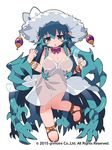  2015 aqua_eyes aqua_hair ass_visible_through_thighs bow bracelet brave_sword_x_blaze_soul breasts cleavage copyright covered_nipples dated dress eyebrows_visible_through_hair full_body hat hekatonkheires_(brave_sword_x_blaze_soul) jewelry large_breasts living_hair long_hair looking_at_viewer no_bra no_panties official_art pointy_ears prehensile_hair sandals see-through solo strap_slip sundress triangle_mouth very_long_hair wind wind_lift zankuro 