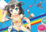  2016 :d aqua_eyes bikini black_hair blush braid breasts cleavage fang green_eyes hair_ribbon hair_rings hand_in_hair hood hoodie hoodie_vest jin_young-in looking_at_viewer nail_gun open_mouth original paint paint_can paint_on_clothes paint_roller paintbrush rainbow ribbon short_hair shorts small_breasts smile solo swimsuit swimsuit_under_clothes tape text_focus twin_braids two_side_up unbuttoned vest 