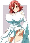  ass_visible_through_thighs bad_id bad_pixiv_id blush breasts cleavage dress highres huge_breasts izetta looking_at_viewer naruse_mai no_panties red_eyes red_hair shuumatsu_no_izetta smile solo thighhighs white_dress white_legwear 