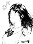  bangs blush breasts collared_shirt commentary_request from_side greyscale highres kamiyama_aya large_breasts long_hair looking_up monochrome original shirt short_sleeves smile solo upper_body wind 
