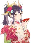  alcohol bangs bird black_hair blue_flower blunt_bangs blush brown_eyes cup flower hair_flower hair_ornament hands_up holding japanese_clothes kimono light_smile looking_at_viewer noco_(adamas) obi original pink_kimono ponytail red_flower red_kimono sakazuki sake sash simple_background solo straight_hair upper_body white_background 