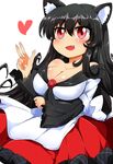  animal_ears bare_shoulders black_hair blouse breasts cleavage collarbone highres imaizumi_kagerou large_breasts long_hair long_sleeves motsu_(selshia12) off_shoulder red_eyes red_skirt short_over_long_sleeves short_sleeves skirt solo touhou very_long_hair white_blouse wolf_ears 