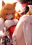  animal_ear_fluff animal_ears autumn_leaves backlighting bangs blonde_hair blush bottle breasts chita_(ketchup) cleavage cup fox_ears fox_girl fox_tail frilled_skirt frills hair_between_eyes highres holding holding_bottle japanese_clothes large_breasts long_sleeves looking_at_viewer lying miko nontraditional_miko nose_blush on_back original over-kneehighs pleated_skirt red_skirt sakazuki sake_bottle signature skirt solo tail thick_eyebrows thighhighs twitter_username white_legwear yellow_eyes 