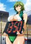  00s 1girl breasts card_(medium) character_request female green_hair ikkitousen large_breasts leotard looking_at_viewer shiny_skin short_hair sky 