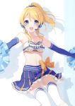 1girl 6u_(eternal_land) absurdres ayase_eli bangs bare_shoulders blonde_hair blue_eyes blue_gloves blush breasts character_name cheerleader collarbone dual_wielding elbow_gloves eyebrows_visible_through_hair frills gloves headset highres holding long_hair love_live! love_live!_school_idol_project medium_breasts midriff miniskirt navel open_mouth pom_poms scan shadow shiny shiny_hair simple_background skirt solo strapless thighhighs tubetop white_legwear zettai_ryouiki 
