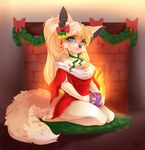  2016 anthro bell blue_eyes blush breasts brown_fur brown_hair canine christmas cleavage clothed clothing cup english_text female fire fireplace fur hair holidays kneeling long_hair looking_at_viewer mammal pacevanrign ribbons signature solo text 