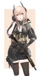  1girl assault_rifle commentary cyborg flashlight fpdlenl011 girls_frontline gloves gun hair_between_eyes hand_on_hip highres jacket load_bearing_equipment looking_at_viewer m4_carbine m4_sopmod_ii m4_sopmod_ii_(girls_frontline) mechanical_arm multicolored_hair open_mouth pink_hair playing_with_own_hair red_eyes red_hair rifle solo streaked_hair thighhighs weapon 