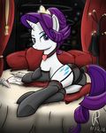  2016 bed blue_eyes butt clothing crown cutie_mark equine female feral friendship_is_magic hair horn inside legwear looking_at_viewer lying mammal my_little_pony nevobaster on_bed on_side panties pillow purple_hair rarity_(mlp) solo stockings underwear unicorn 