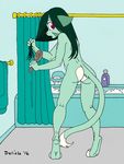  2016 anthro bath breasts brush butt curtains delisle digitigrade dreamkeepers feline female fur green_fur green_hair hair lilith_calah looking_at_viewer looking_back mammal purple_eyes rear_view shower solo suds surprise 