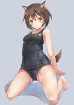  adosan ahoge animal_ears barefoot blush brave_witches breasts brown_eyes brown_hair cameltoe commentary eyebrows_visible_through_hair full_body grey_background hair_ornament hairclip karibuchi_hikari kneeling looking_at_viewer medium_breasts old_school_swimsuit one-piece_swimsuit school_swimsuit shiny shiny_hair shiny_skin short_hair simple_background smile solo spread_legs squirrel_ears squirrel_tail swimsuit tail world_witches_series 