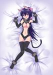  absurdres animal_ears bed_sheet black_gloves black_legwear blue_hair blush bow breasts cat_ears cat_tail cleavage dakimakura elbow_gloves embarrassed full_body fur_trim gloves hair_bow highres insight large_breasts leotard long_hair lying navel noihara_himari omamori_himari on_back open_mouth ponytail purple_eyes solo tail thighhighs very_long_hair 