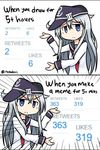  2koma :&lt; blue_eyes closed_mouth comic commentary english flat_cap hat hibiki_(kantai_collection) kantai_collection long_hair neckerchief raythalosm school_uniform serafuku silver_hair truth twitter twitter_username v-shaped_eyebrows 