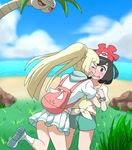  alolan_exeggutor alolan_form backpack bag beach blonde_hair blush closed_eyes cloud commentary_request day exeggutor fangs grass grey_eyes hat hug leg_up lillie_(pokemon) mizuki_(pokemon) multiple_girls open_mouth outdoors pokemon pokemon_(creature) pokemon_(game) pokemon_sm ponytail scared shippo_(shishizaru) shorts skirt sky spoilers water yuri z-ring 