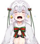  bell black_bikini_top blush bow capelet closed_eyes crying fate/grand_order fate_(series) fur_trim hair_ribbon headpiece jeanne_d'arc_(fate)_(all) jeanne_d'arc_alter_santa_lily midriff nose_blush open_mouth ribbon round_teeth short_hair silver_hair solo streaming_tears striped striped_bow tears teeth tr_(hareru) upper_body white_background white_capelet 