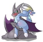  2015 aerodactyl aurorus blue_eyes blush butt digital_media_(artwork) duo eyelashes female female/female green_eyes half-closed_eyes hi_res kingbeast kneeling looking_back membranous_wings nintendo open_mouth pok&eacute;mon pussy pussy_juice raised_tail sex simple_background smile tail_sex tongue tongue_out video_games wet white_background wings 