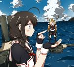  ahoge any_(lucky_denver_mint) arms_up black_serafuku blonde_hair blue_sky braid brown_hair closed_eyes cloud day fingerless_gloves forced_perspective gloves grey_eyes hair_flaps hair_over_shoulder hair_ribbon kantai_collection long_hair multiple_girls ocean open_hand open_mouth optical_illusion outdoors perspective pointing remodel_(kantai_collection) ribbon school_uniform serafuku shigure_(kantai_collection) single_braid sky smile yuudachi_(kantai_collection) 