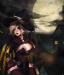  absurdres alternate_costume blonde_hair breasts cleavage earrings hat highres jack-o'-lantern jack-o'-lantern_earrings jewelry large_breasts mary_fraser mercy_(overwatch) moon overwatch solo witch_hat witch_mercy 