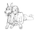  animal barefoot bestiality blush breasts caracol cleavage doberman dog full_body greyscale large_breasts light_smile long_hair looking_at_viewer lying monochrome nude on_stomach open_mouth original simple_background smile tongue tongue_out white_background 