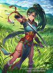  arm_guards boots cloud cuboon day earrings fire_emblem fire_emblem:_rekka_no_ken fire_emblem_cipher fur_trim gauntlets grass green_eyes green_hair jewelry katana long_hair looking_at_viewer lyndis_(fire_emblem) official_art pelvic_curtain plain ponytail sky solo sword weapon 