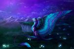  2014 ambiguous_gender blue_feathers detailed detailed_background dragon feathered_dragon feathered_wings feathers feral fur furred_dragon grass neytirix purple_fur sitting sky solo star starry_sky twilight wings 