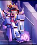  80s artist_request building cannon city cloak crown decepticon grin gun jewelry mecha night no_humans oldschool robot sitting smile stairs star starry_sky stars starscream transformers weapon 