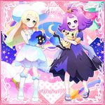  acerola_(pokemon) armlet blonde_hair braid cosmog dress elite_four flower gen_7_pokemon green_eyes hair_ornament half_updo hat lillie_(pokemon) long_hair mimikyu multiple_girls open_mouth pokemon pokemon_(creature) pokemon_(game) pokemon_sm purple_dress purple_eyes purple_hair ringozaka_mariko sandals short_hair sleeveless sleeveless_dress smile stitches sun_hat trial_captain twin_braids white_dress white_hat 