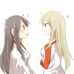  2girls ? akagi_(kantai_collection) black_hair blonde_hair blue_eyes blush brown_eyes commentary_request face-to-face from_side graf_zeppelin_(kantai_collection) hair_down kantai_collection long_hair looking_at_another lowres multiple_girls no_hat no_headwear open_mouth rebecca_(keinelove) sidelocks sweat upper_body 