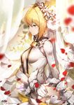  ahoge bangs belt belt_buckle blonde_hair breasts bridal_veil buckle center_opening chain cleavage closed_mouth collar detached_collar fate/extra fate/extra_ccc fate_(series) flower from_side gloves green_eyes hair_between_eyes hair_flower hair_intakes hair_ornament head_wreath highres kyjsogom leotard lock long_sleeves looking_away medium_breasts nero_claudius_(bride)_(fate) nero_claudius_(fate)_(all) padlock padlocked_collar petals plant short_hair sidelocks signature thighhighs veil watermark web_address white_gloves white_leotard zipper 