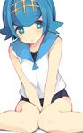  :o bangs bare_shoulders between_legs blue_eyes blue_hair blue_sailor_collar blue_swimsuit blush breast_squeeze breasts bright_pupils eyebrows_visible_through_hair flipped_hair hairband hand_between_legs highres knees_together_feet_apart leaning_forward looking_at_viewer nigo_(aozoragarou) one-piece_swimsuit parted_lips pokemon pokemon_(game) pokemon_sm sailor_collar school_swimsuit shirt short_hair simple_background sitting sleeveless sleeveless_shirt small_breasts solo suiren_(pokemon) swimsuit swimsuit_under_clothes trial_captain v_arms white_background white_shirt 
