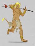  anthro armpits balls blonde_hair clothing eyes_closed feline franko hair hi_res humanoid_penis kfutaba lion loincloth looking_at_viewer male mammal melee_weapon muscular negger penis polearm simple_background solo spear tattoo weapon 